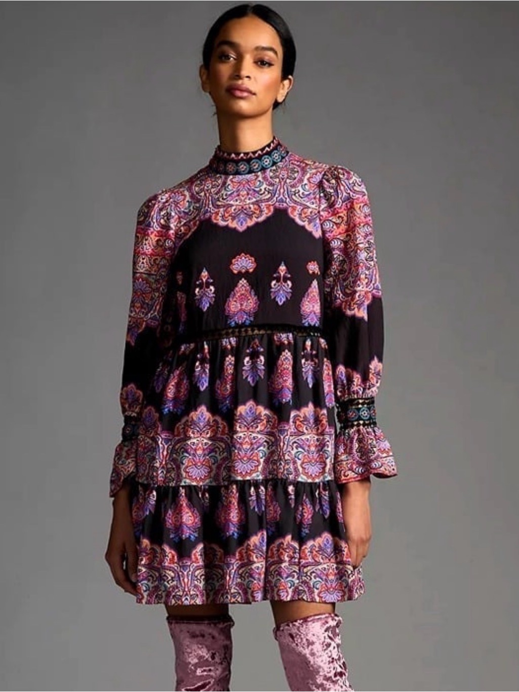 Anthropologie Mixed Printed Boho Mini Dress Size 0 Beaded